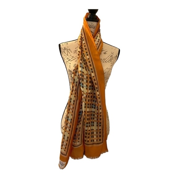 JACQUES PIAGET vintage scarf,circa 1960s, gold, brown and orange geometric print - Picture 2 of 4